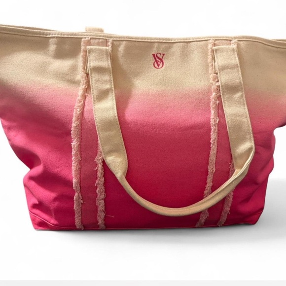 Pink Ombre Canvas Tote with Frayed Strip Detail Victoria Secret - Picture 4 of 5